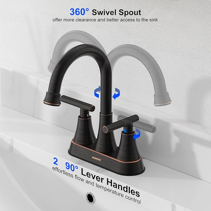 Bathroom Faucets for Sink 3 Hole, Hurran 4 inch Oil Rubbed Bronze Bathroom Sink - Image 3