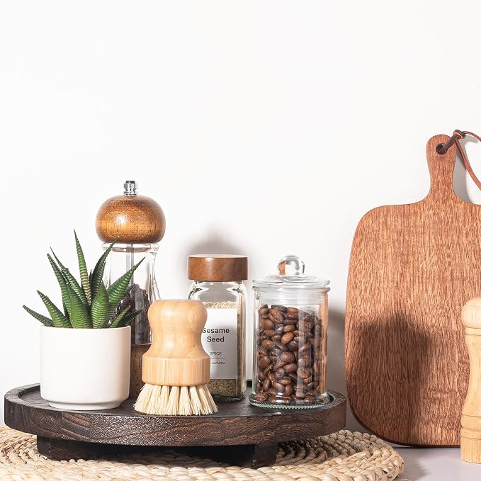 Round Decorative Tray Wood Bathroom Counter Organizer Farmhouse Kitchen Decor - Image 3