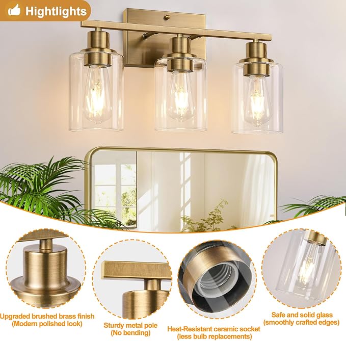 3 Light Bathroom Light Fixtures, Brass Vanity Lights - Image 3