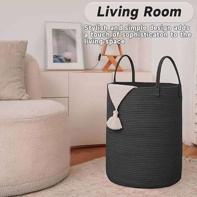 Large Woven Laundry Basket Hamper, 80L Cotton Rope Storage Bin - Image 3