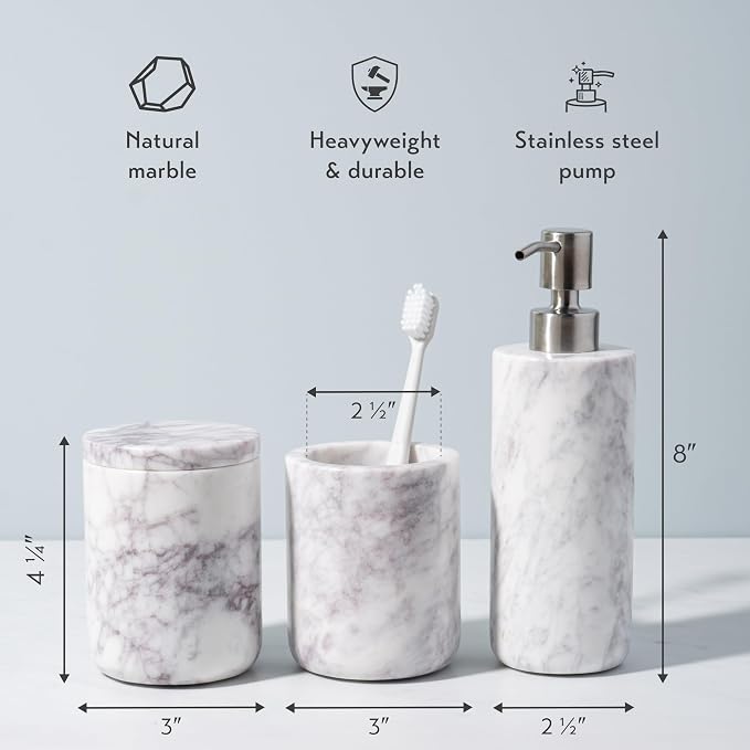 Cork & Mill Marble Bathroom Accessories Set, Complete 3 Piece Set - Image 2