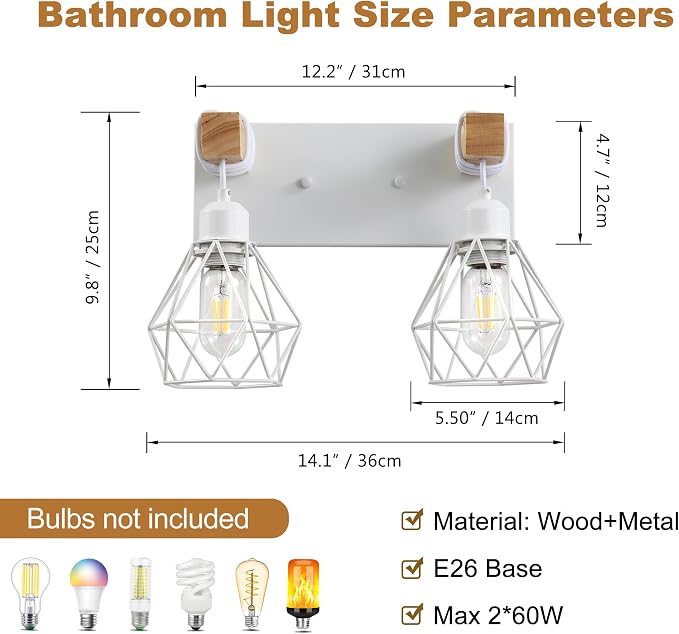 White Bathroom Vanity Light Fixtures, 2-Light Wood Bathroom Light Fixtures Over - Image 3