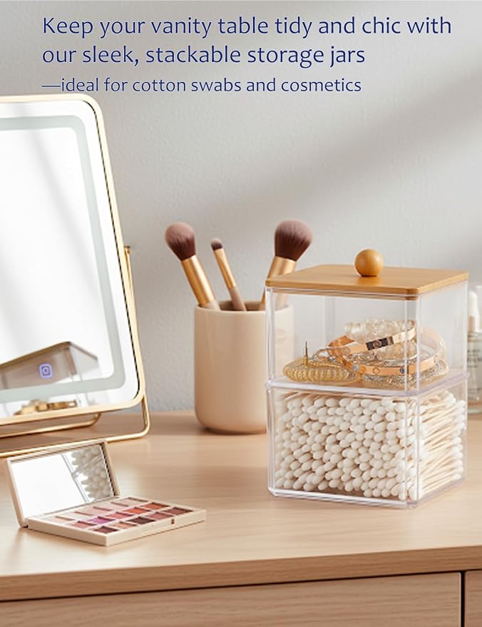 Cotton Swab Holder with Bamboo Lid, Double Layer Stackable Bathroom Organizer - Image 4
