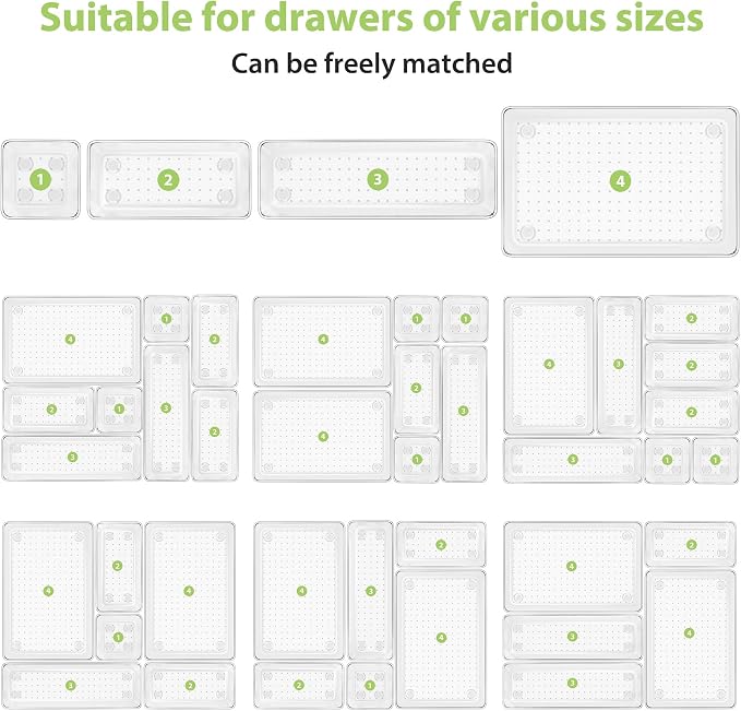 25 Piece Clear Drawer Organizer Set, 4 Sizes Bathroom Vanity Organizer Trays - Image 8