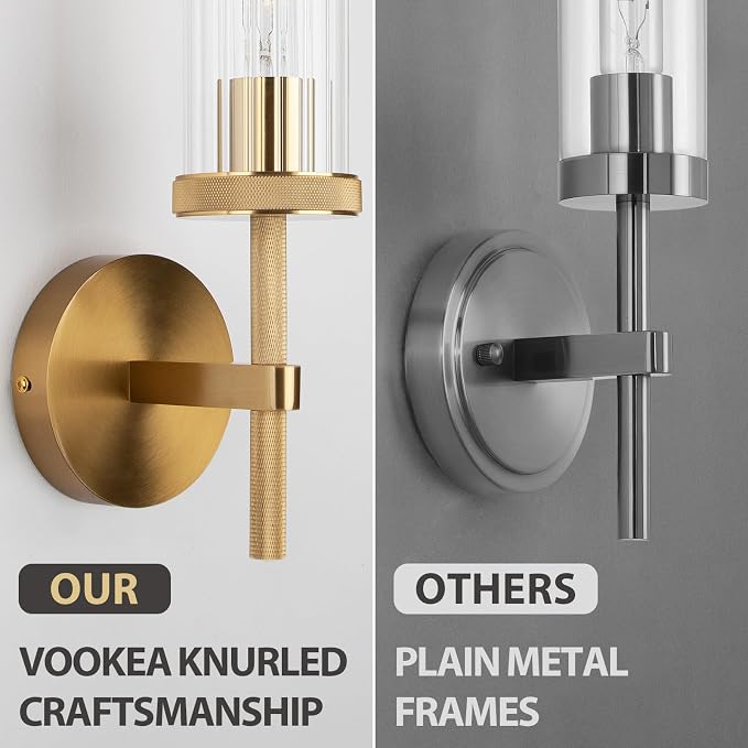 19.5" Knurled Gold Hardwired Wall Sconces Set of 2, Bathroom Vanity Light - Image 2