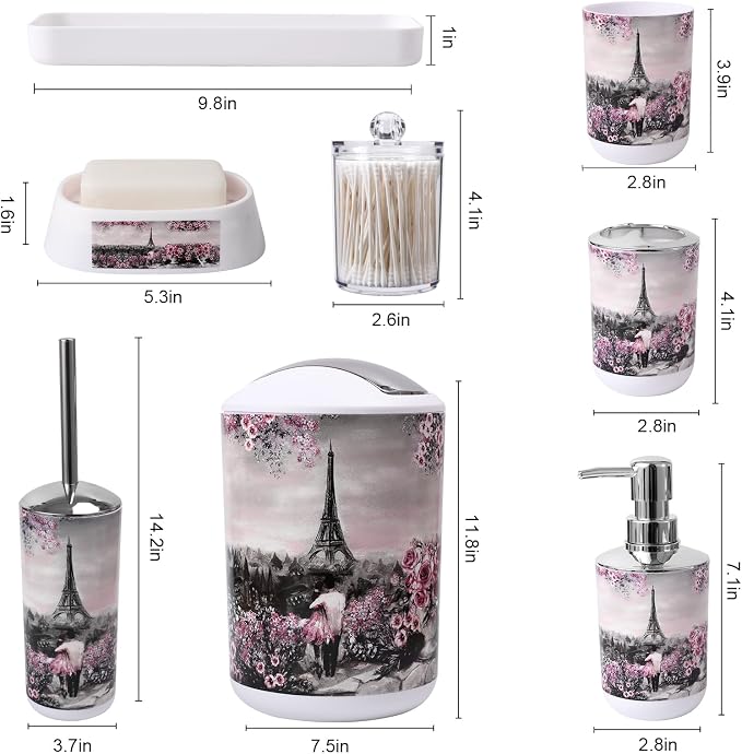 Bathroom Accessories Set with Shower Curtain Bath Rugs Pink Paris Bathroom - Image 7