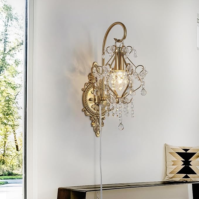 Gold Crystal Vintage Plug in Wall Sconces Set of 2 Indoor Wall Light Fixture - Image 7