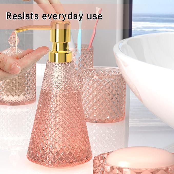 Pink Glass Bathroom Accessories Set 5 Pcs, Soap Dispenser and Toothbrush Holder - Image 4