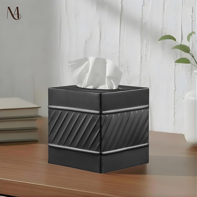 Monarch Abode Tissue Box Cover Square – Handcrafted Wave Embossed Black Metal - Image 2