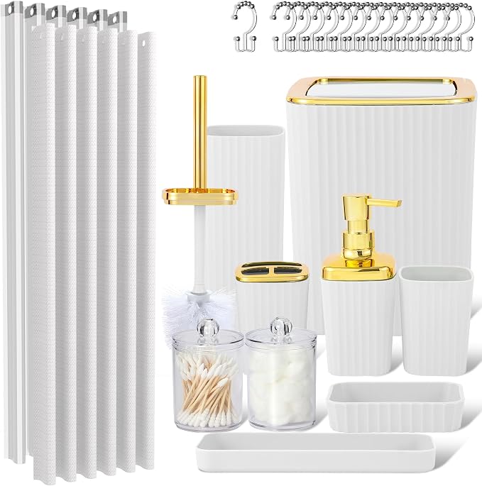 White Bathroom Set, Trash Can, Toothbrush Holder, Soap Dispensers, Toothbrush by Viowil