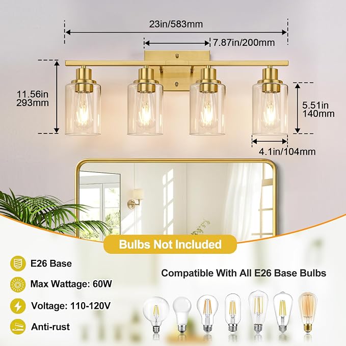4-Light Vanity Lights with Clear Glass Shades, Brushed Gold Bathroom Light - Image 7