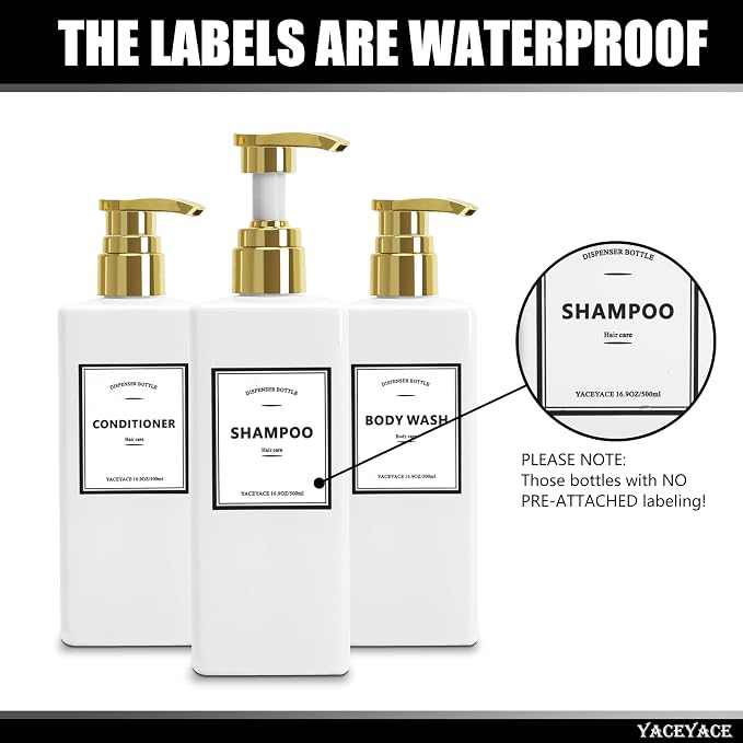 White With Gold Pump Shampoo Bottles Set of 3, 500ml Refillable Shower Dispenser - Image 2