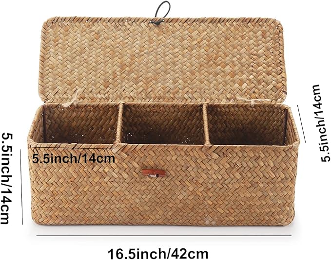 Seagrass Tank Basket with Lid Woven Toilet Roll Storage Basket with Sections - Image 4