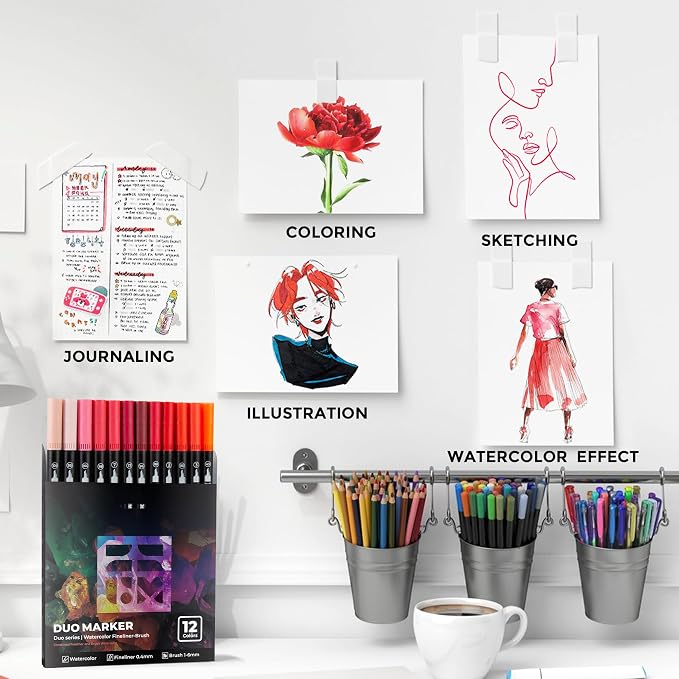 Red Duo Tip Marker Pens, 12 Pack Fine & Brush Markers - Image 6