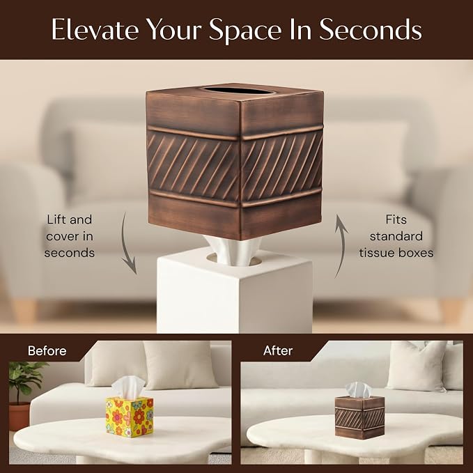Monarch Abode Tissue Box Cover Square – Handcrafted Wave Embossed Antique - Image 6