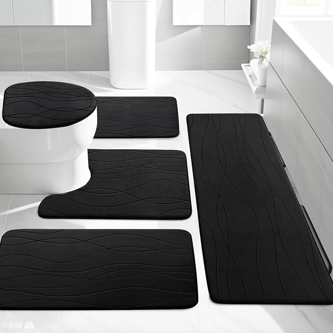 YIHOUSE Memory Foam Black Bathroom Rug Sets 5 Piece, Ultra Absorbent Bath Mat - Image 8