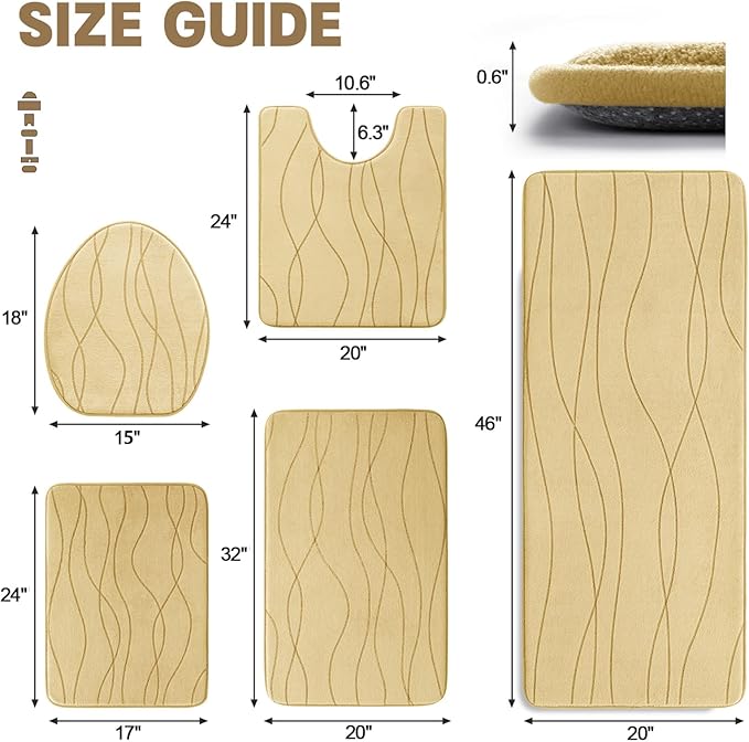 YIHOUSE Memory Foam Beige Bathroom Rug Sets 5 Piece, Ultra Absorbent Bath Mat - Image 2