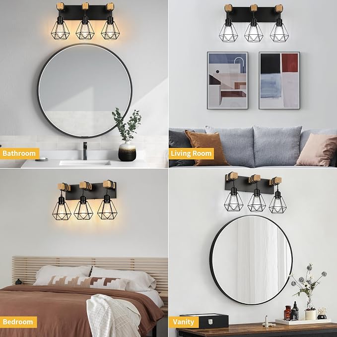 3-Light Farmhouse Vanity Light, Industrial Wood Bathroom Light Fixtures Over - Image 6