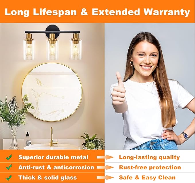 DLLT 3-Light Bathroom Light Fixtures: Black and Gold Modern Vanity Lights - Image 3