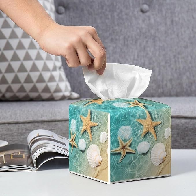 Sea Shell Tissue Box Cover Leather Tissue Box Holder Square Facial Paper - Image 7