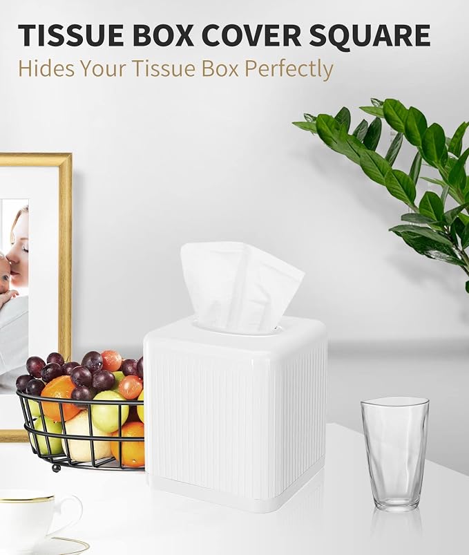 Livelab Tissue Box Cover with Base, Square Plastic Tissue Box Holder Decorative - Image 3