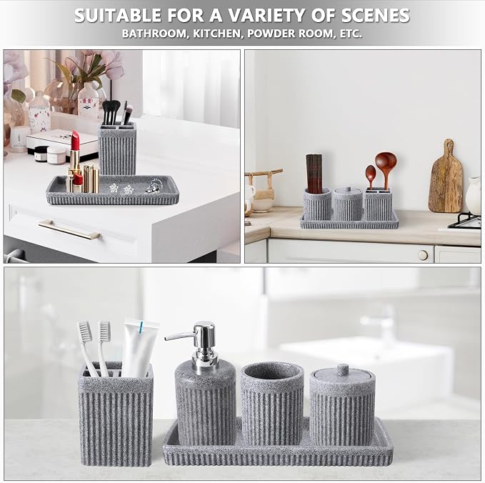 Resin Grey Bathroom Accessories Set 5 Pcs, Lotion Soap Dispenser, Toothbrush - Image 6