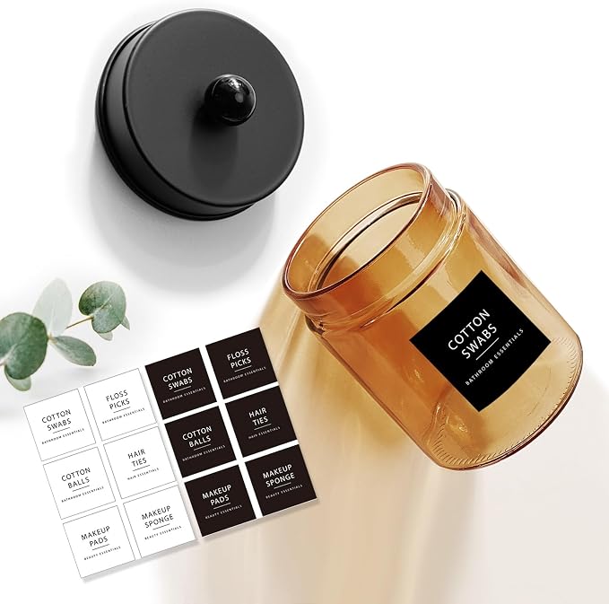 Amolliar Bronze Glass Apothecary Jar, Qtip Holder Metal Lid & Stickers - Image 2
