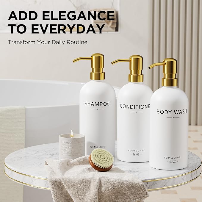 Shampoo and Conditioner Dispenser Set, 3 Refillable 16oz Bottles - Image 6