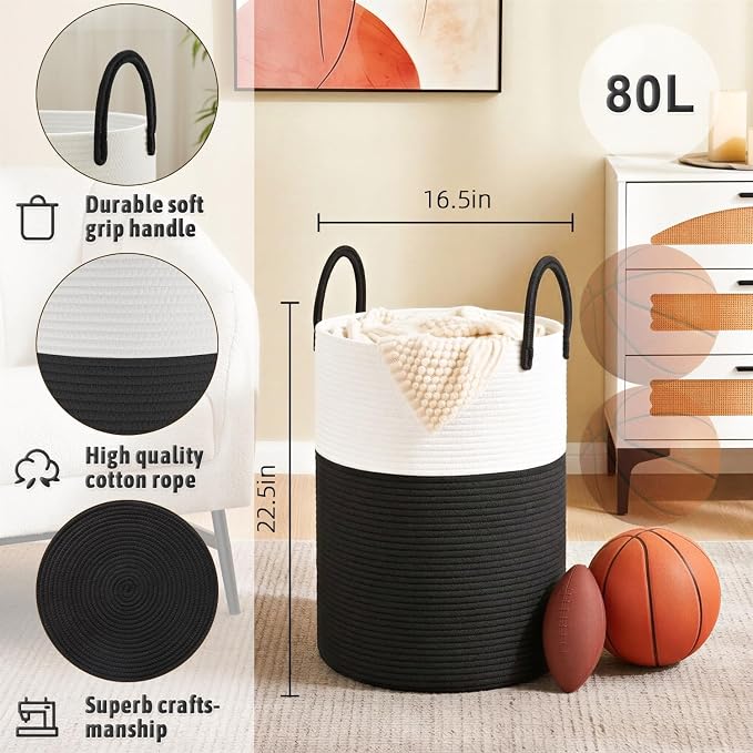 Laundry Basket, Woven Cotton Rope Laundry Hamper, 80L - Image 5