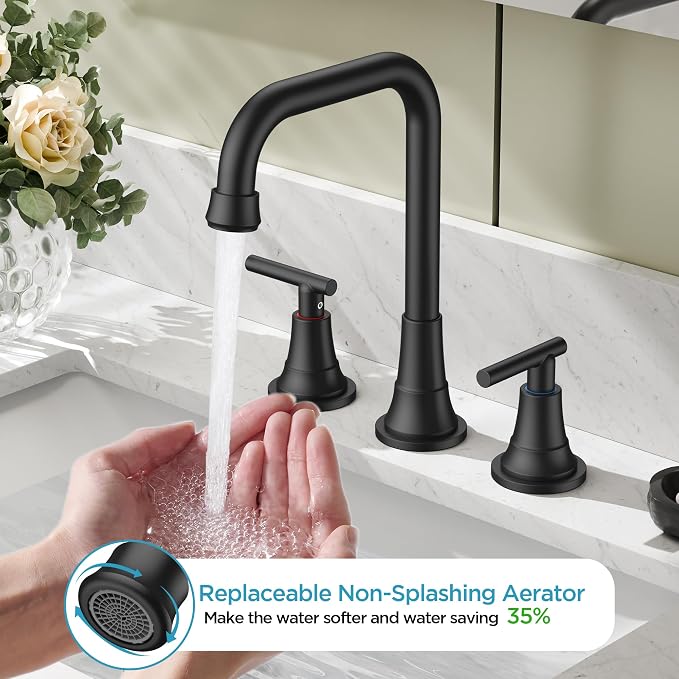 FORIOUS Black Bathroom Faucet for Sink 3 Hole, Widespread Matte Black Bathroom - Image 3