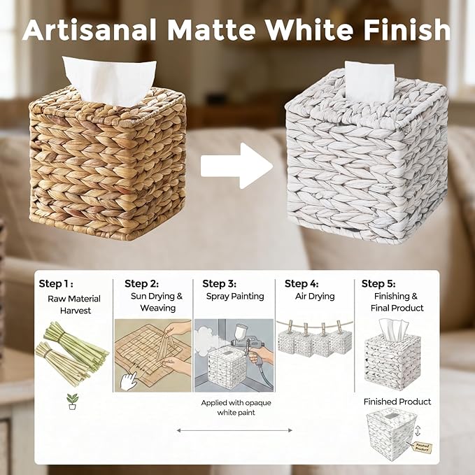 Tissue Box Cover, Square Wicker Tissue Box Holder Facial Tissues Boxes - Image 6
