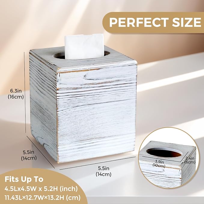 Wood Tissue Box Cover Square, Rustic White Tissue Box Cover, Decorative Cube - Image 3