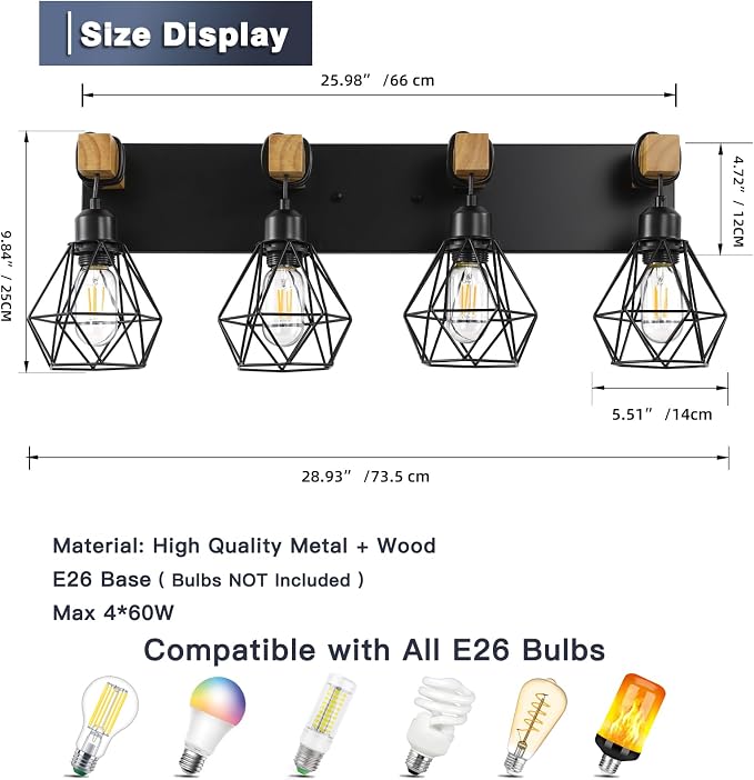 4-Light Farmhouse Bathroom Vanity Light Fixtures, Wood Bathroom Light Fixtures - Image 3