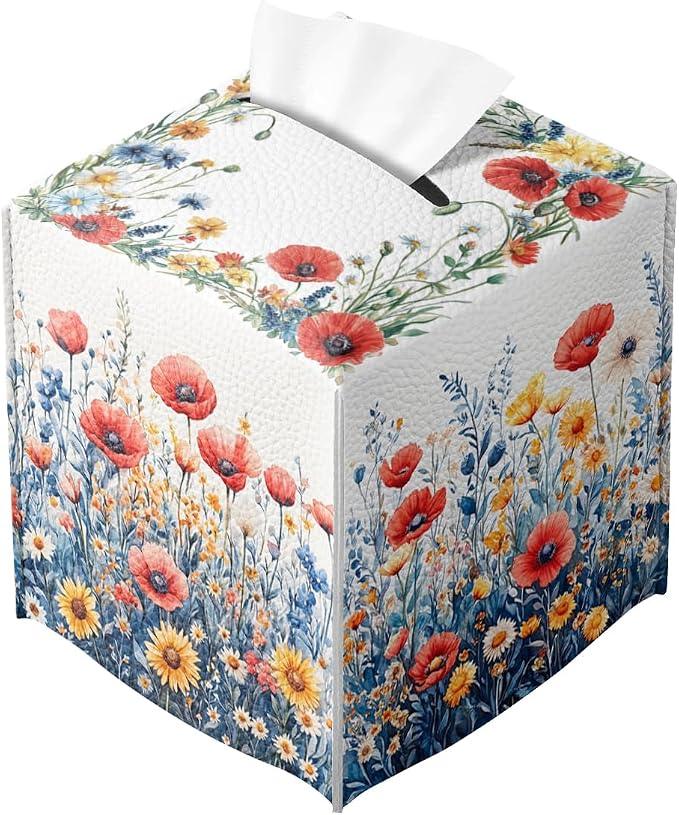 Flower Tissue Box Cover Red Poppy Daisy Wild Garden Watercolor Leather Tissue by Unknown