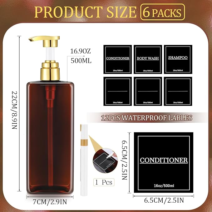 Gejoy 12 Pack Amber Shampoo and Conditioner Dispenser Bottles, 17 Oz/ 500ml - Image 2