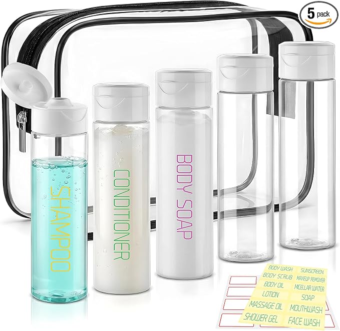 Cosywell Travel Bottles for Toiletries 5 Pack 3.4oz Pre-Printed Travel Size by Cosywell
