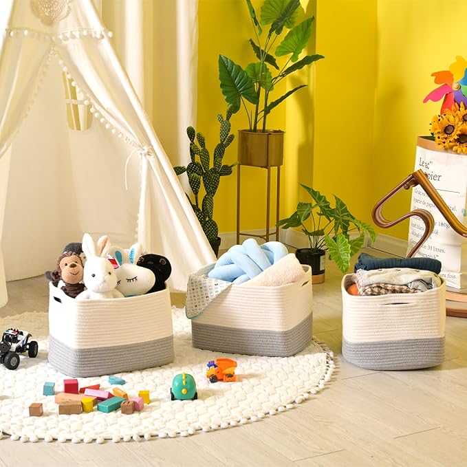 Storage Baskets for Organizing Shelves, Woven Cotton Rope Bins for Baby Nursery - Image 6