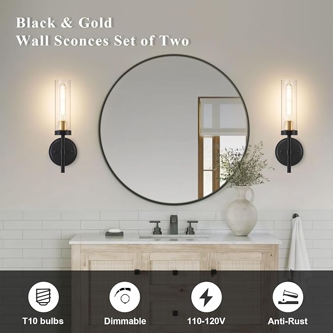 Black and Gold Hardwired Wall Sconces Set of 2, Modern Bathroom Vanity Sconces - Image 2