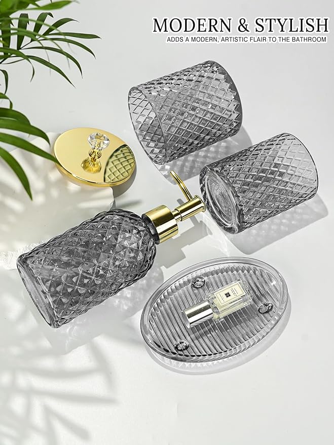Haturi Gray Glass Bathroom Accessories Set, 4-Piece - Image 3