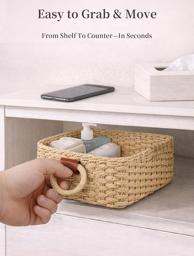 Storage Basket, Recycled Paper Rope Bathroom Basket Organizer, Mini wicker - Image 5