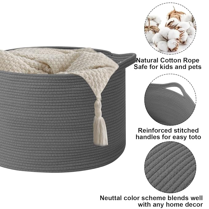 65L Large Blanket Basket, 19.7" L x 19.7" W x 13" H Rope Woven Baskets - Image 3