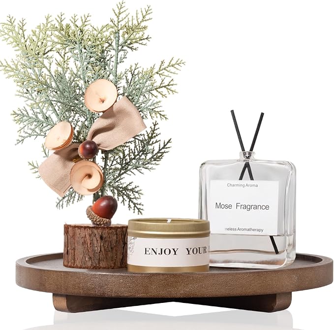 Round Decorative Tray Wood Bathroom Counter Organizer Farmhouse Kitchen Decor by zoocatia