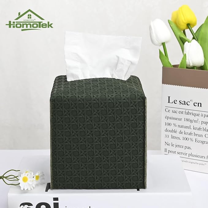 HOMOTEK 2 Pack Tissue Box Cover, Square PU Leather Tissue Holder, Decorative - Image 6
