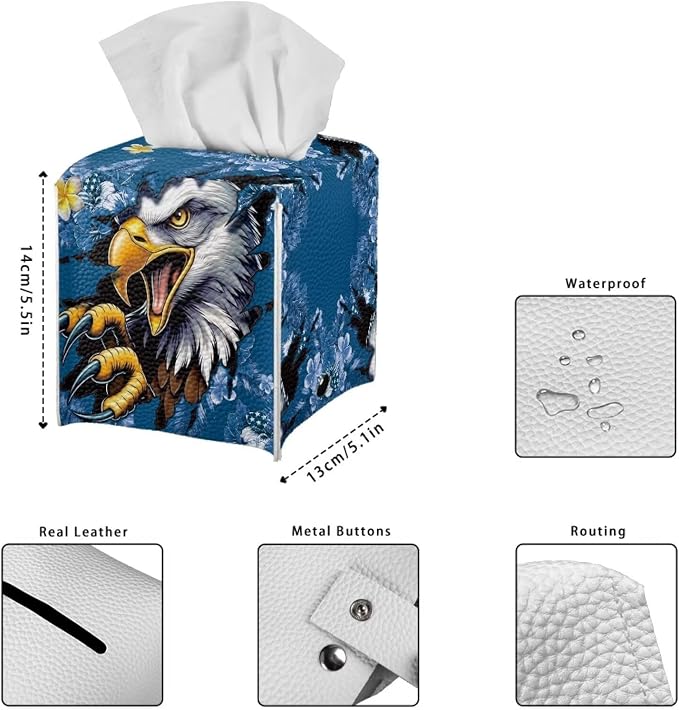 Eagle Blue Flowers Tissue Box Holder, PU Leather Square Napkin Cover - Image 7