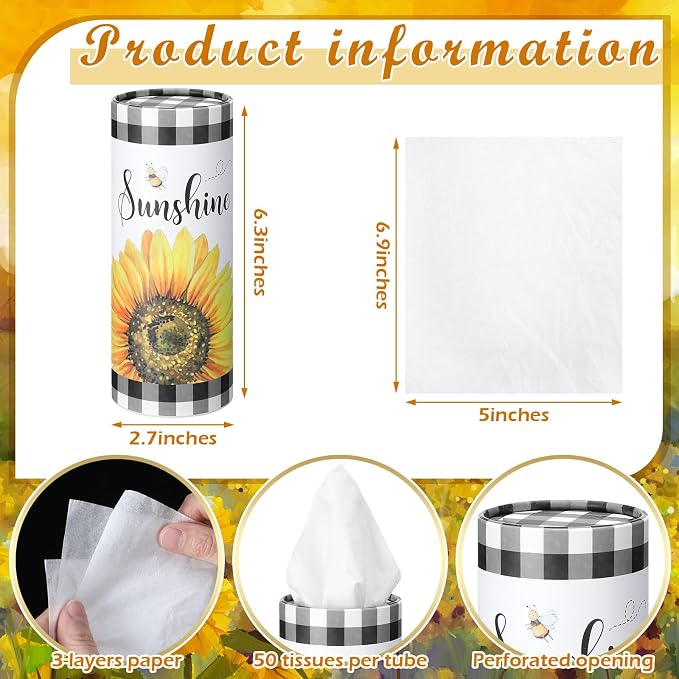 12 Pack Sunflower Tissue Boxes for Car Cylinder Bulk Black White Plaid Flower - Image 3