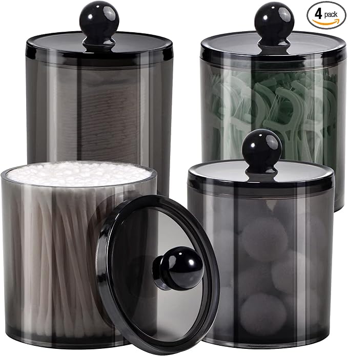 SheeChung 4-Pack Qtip Holder, Mixed Sizes Black Acrylic Apothecary Jars - 12oz by SheeChung