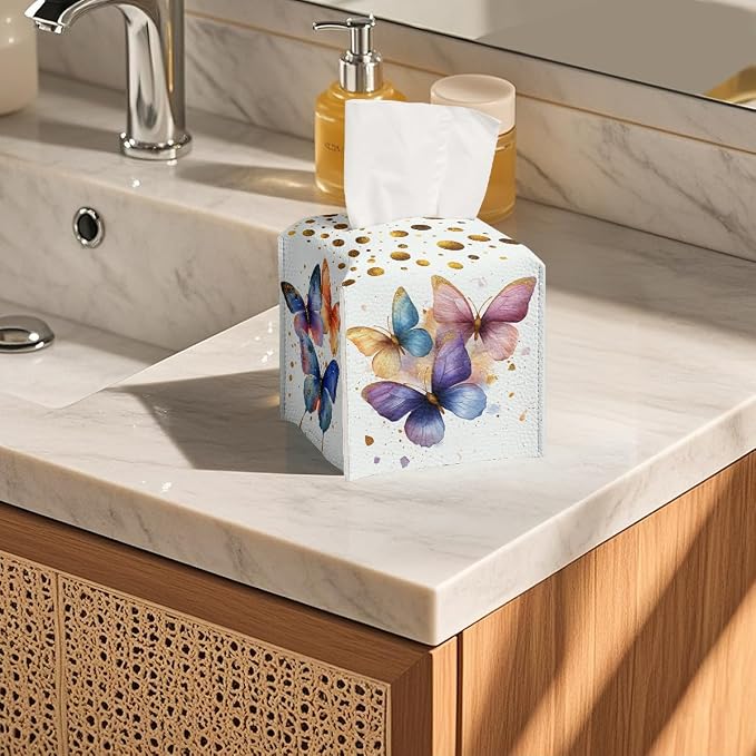 Butterfly Tissue Box Cover Metallic Gold Accents Blue Orange Art Leather Tissue - Image 5