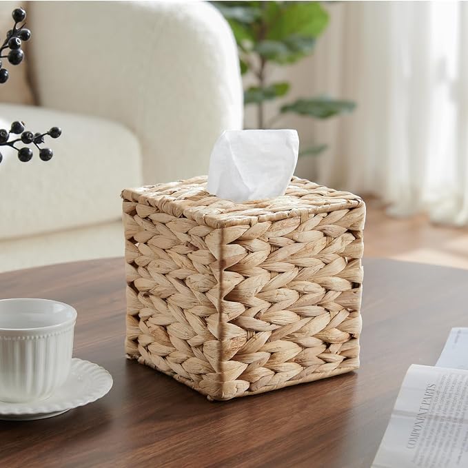 Tissue Box Cover Square, Rattan Tissue Box Holder -Boho Decorative Woven Facial - Image 3