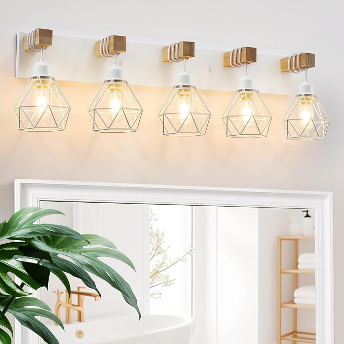 White Bathroom Vanity Light Fixtures, 5-Light Wood Bathroom Light Fixtures Over by MAESTA
