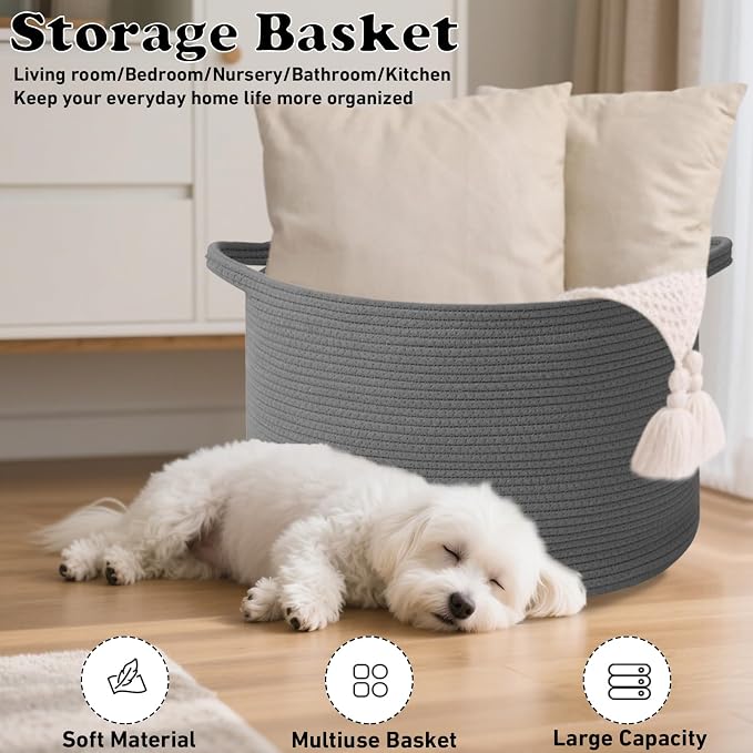 115L Large Blanket Basket, 23.6" L x 23.6" W x 15.7" H Rope Woven Baskets - Image 6